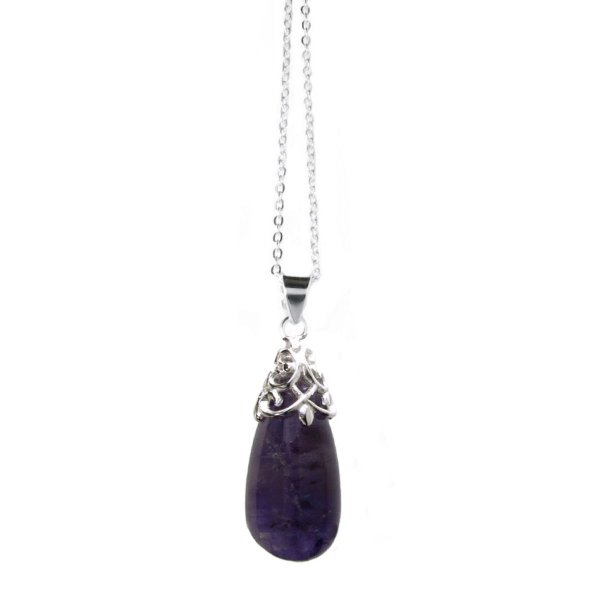 Sterling Silver Genuine Amethyst Stone Teardrop Pendant w/ Sterling Silver Adjustable Chain Necklace 16" with 2" Extender 18"