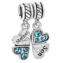 Sterling Silver Mother Son Love Heart Light Blue CZ Clover Dangle Bead for Pandora European Charm Bracelets