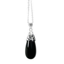 Sterling Silver Genuine Black Onyx Stone Teardrop Pendant w/ Sterling Silver Adjustable Chain Necklace 16″ with 2″ Extender 18″