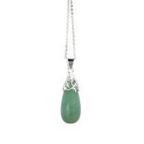 Sterling Silver Genuine Aventurine Stone Teardrop Pendant w/ Sterling Silver Adjustable Chain Necklace 16″ with 2″ Extender 18″