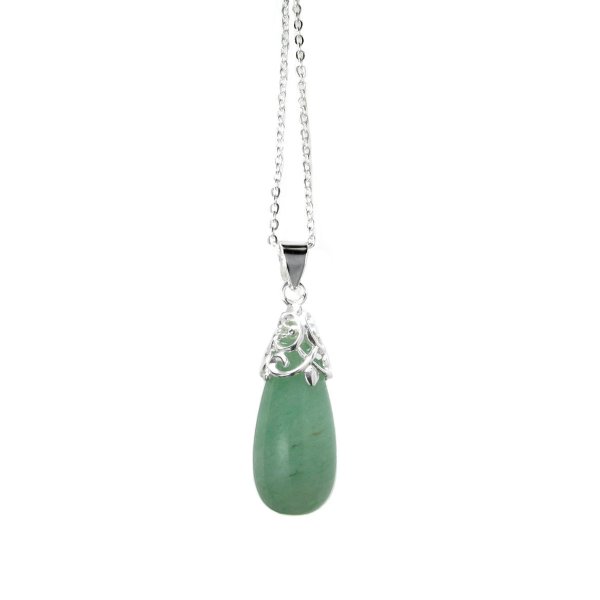 Sterling Silver Genuine Aventurine Stone Teardrop Pendant w/ Sterling Silver Adjustable Chain Necklace 16" with 2" Extender 18"