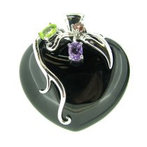 Rhodium-plated Sterling Silver Heart w/ Love Black Onyx Amethyst Gem Stone Crystal Flower Bail Charm Pendant