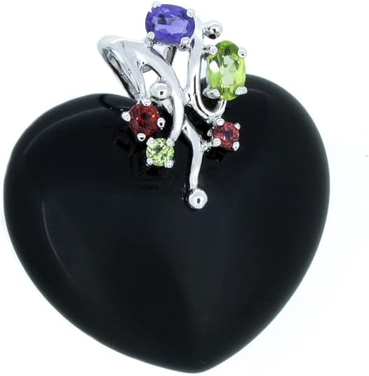 Queenberry Silver Silver Natural Onyx, Amethyst, Peridot, Topaz Gemstones Flower Love Heart Pendant