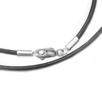 Rhodium-plated Sterling Silver Black Genuine Leather 2mm Choker Necklace 18″ w/ Italian Lobster Clasp