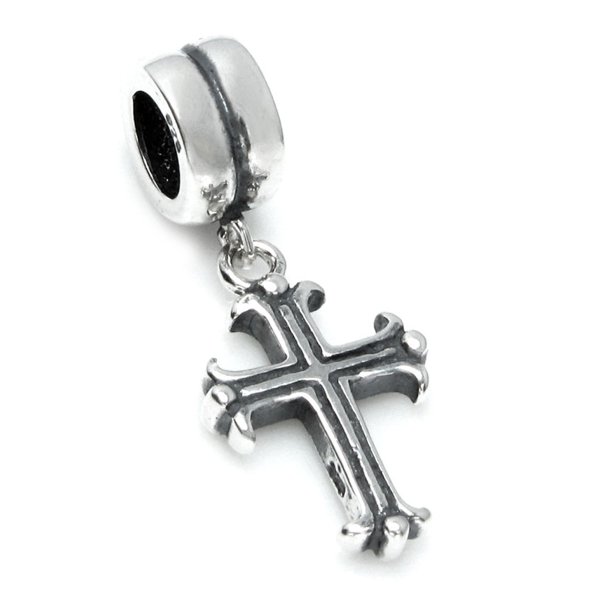 .925 Sterling Silver Christ Christian Cross Faith Dangle Bead for Pandora Troll European Charm Bracelets