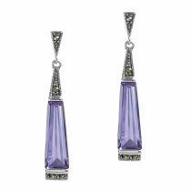 Sterling Silver Marcasite Teardrop Bluish Violet Purple CZ Crystal Dangle Stud Earring Post