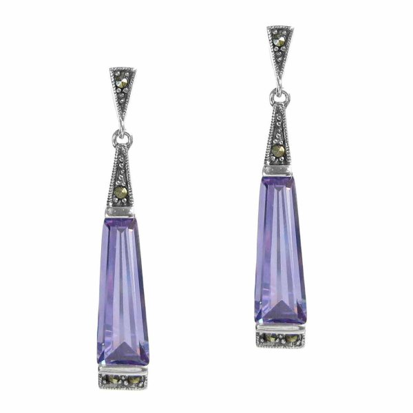 Sterling Silver Marcasite Teardrop Bluish Violet Purple CZ Crystal Dangle Stud Earring Post