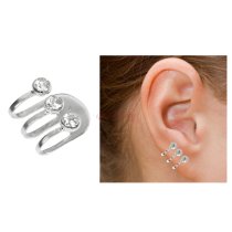 Rhodium 925 Sterling Silver 3 Clear CZ Crystal Clip Earring Cuff Wrap