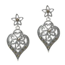 Sterling Silver Marcasite Filigree Heart Flower Petal Leaf Charm Dangle Stud Earring Post