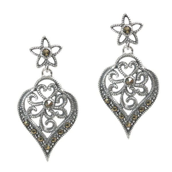 Sterling Silver Marcasite Filigree Heart Flower Petal Leaf Charm Dangle Stud Earring Post