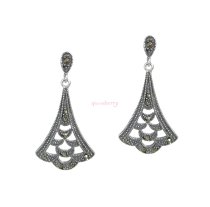 Antique Sterling Silver Marcasite Bali Flower Leaf Chandelier Dangle Stud Earring Post