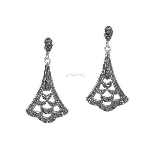 Antique Sterling Silver Marcasite Bali Flower Leaf Chandelier Dangle Stud Earring Post