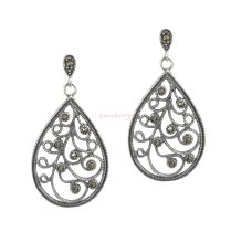 Sterling Silver Marcasite Teardrop Filigree Vine Leaf Flower Dangle Stud Earring Post