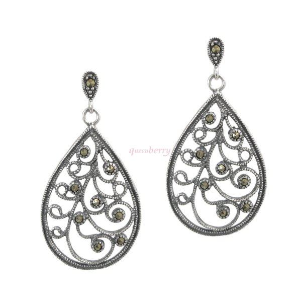 Sterling Silver Marcasite Teardrop Filigree Vine Leaf Flower Dangle Stud Earring Post