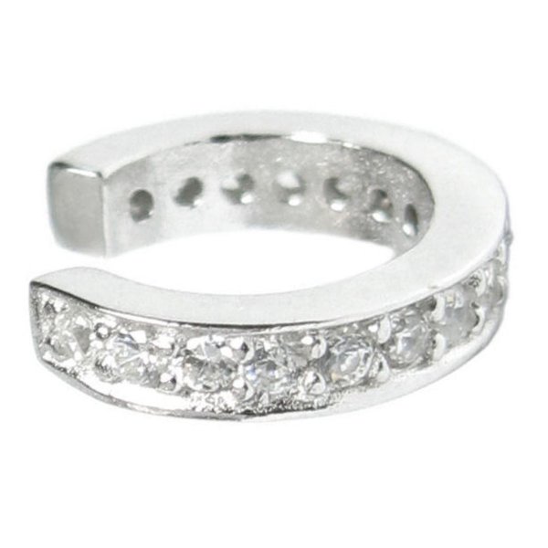 Rhodium on 925 Sterling Silver Round Ring Clear CZ Crystal Pave Cuff Earring / Ear Wrap