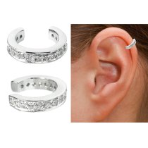 Rhodium on 925 Sterling Silver Round Ring Clear CZ Crystal Pave Cuff Earring / Ear Wrap