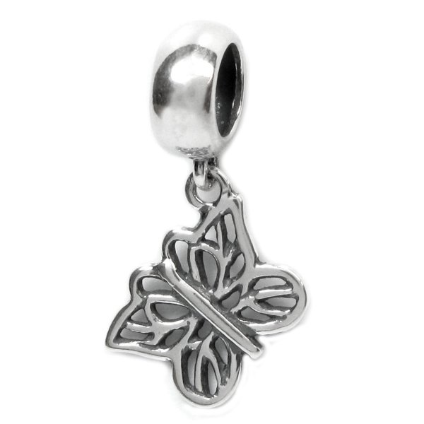 .925 Sterling Silver Filigree Butterfly Dangle Bead Charm / Pendant for Pandora European Charm Bracelets