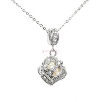 Sterling Silver Crown White Fresh Water Pearl Clear CZ Crystal Pendant Chain Necklace 16'' + 2'' Extender