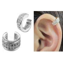 Rhodium 925 Sterling Silver Round Clear CZ Crystal Clip Cuff Earrings / Ear Cuffs Wrap