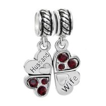 Sterling Silver Husband & Wife Love Heart Red Crystal Clover Dangle Bead for European Charm Bracelets