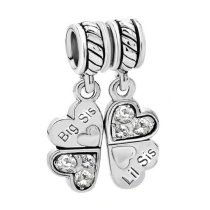 Sterling Silver Big /Little Sister Lil Sis Love Heart Clover Dangle Bead for European Charm Bracelets