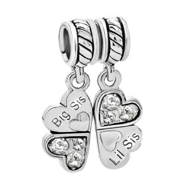 Sterling Silver Big /Little Sister Lil Sis Love Heart Clover Dangle Bead for European Charm Bracelets