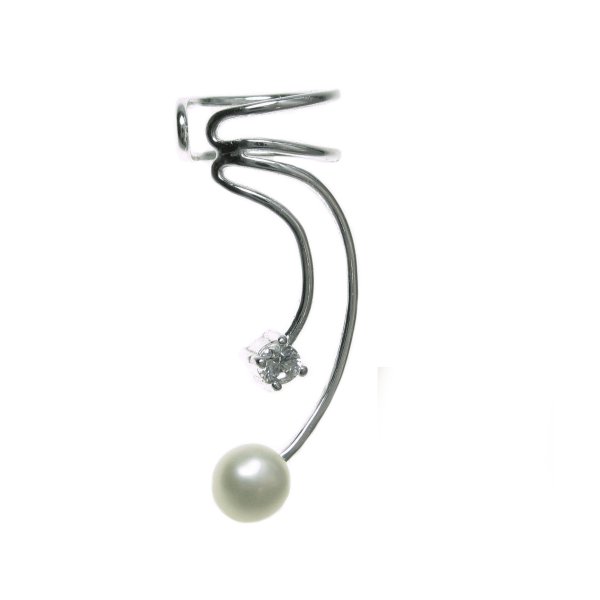 925 Sterling Silver Clear CZ White Fresh Water Pearl Earring Cuff Ear Wrap Left Ear