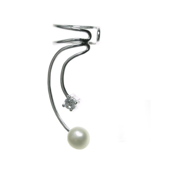 925 Sterling Silver Clear CZ White Fresh Water Pearl Drop Earring Cuff / Ear Wrap for Right Ear