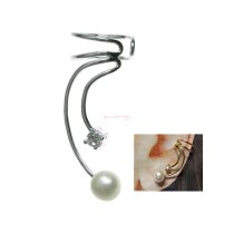 925 Sterling Silver Clear CZ White Fresh Water Pearl Drop Earring Cuff / Ear Wrap for Right Ear