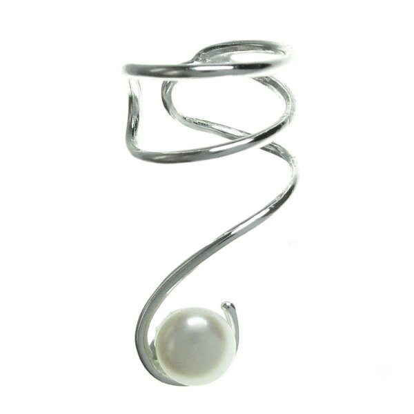 .925 Sterling Silver Round White Fresh Water Pearl Drop Earring Cuff / Ear Cuffs Wrap for Left Ear