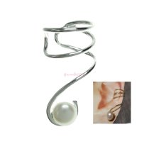 .925 Sterling Silver Round White Fresh Water Pearl Drop Earring Cuff / Ear Cuffs Wrap for Left Ear