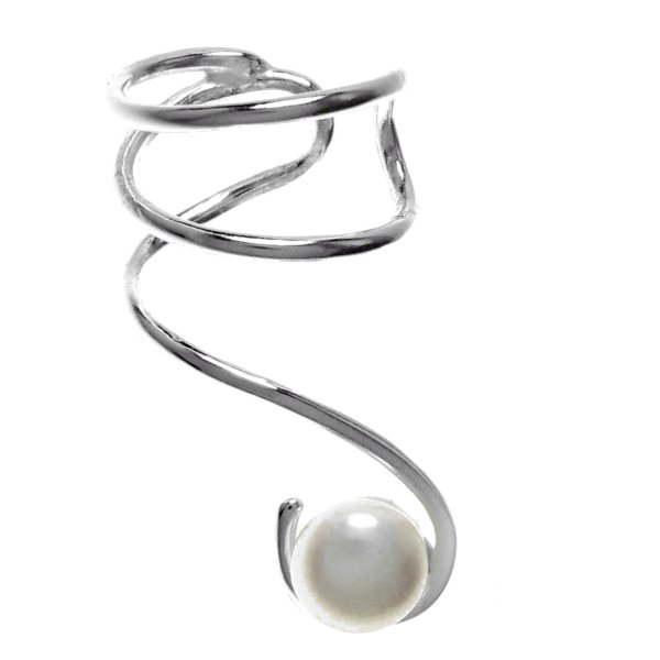 925 Sterling Silver Round White Fresh Water Pearl Drop Earring Cuff / Ear Cuffs Wrap for Right Ear
