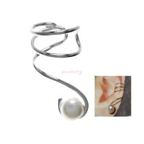 925 Sterling Silver Round White Fresh Water Pearl Drop Earring Cuff / Ear Cuffs Wrap for Right Ear