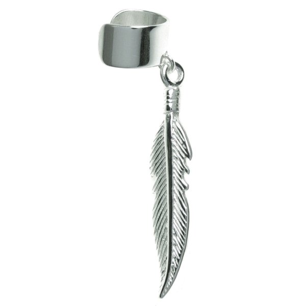 925 Sterling Silver Feather Dangle Earring Cuff / Ear Wrap