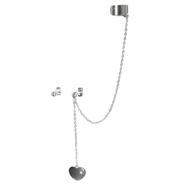925 Sterling Silver CZ Crystal Stud Post Earring with Chain Dangle Heart Tag Ear Cuff Wrap