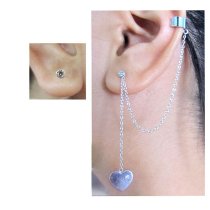 925 Sterling Silver CZ Crystal Stud Post Earring with Chain Dangle Heart Tag Ear Cuff Wrap