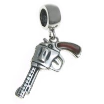 Antique 925 Sterling Silver Brown Enamel Cow boy Magnum Revolver Pistol Gun Dangle Bead for European Charm Bracelets