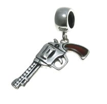Antique 925 Sterling Silver Brown Enamel Cow boy Magnum Revolver Pistol Gun Dangle Bead for European Charm Bracelets