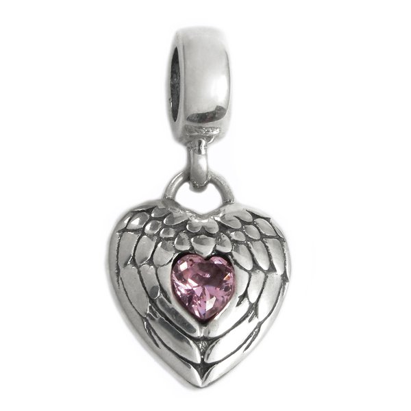 Sterling Silver Angel Wing Guardian Follow Your Heart Pink CZ Dangle Bead for European Chamilia Biagi Troll Pandora Charm Bracelets