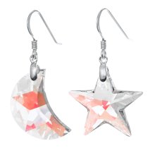 Sterling Shiny Moon & Star Swarovski Crystal Dangle French Hook Earrings Limited edition