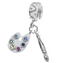Sterling Silver Painter Drawing Art Brush Palette CZ Crystal Dangle Pendant Bead for European Charm Bracelets