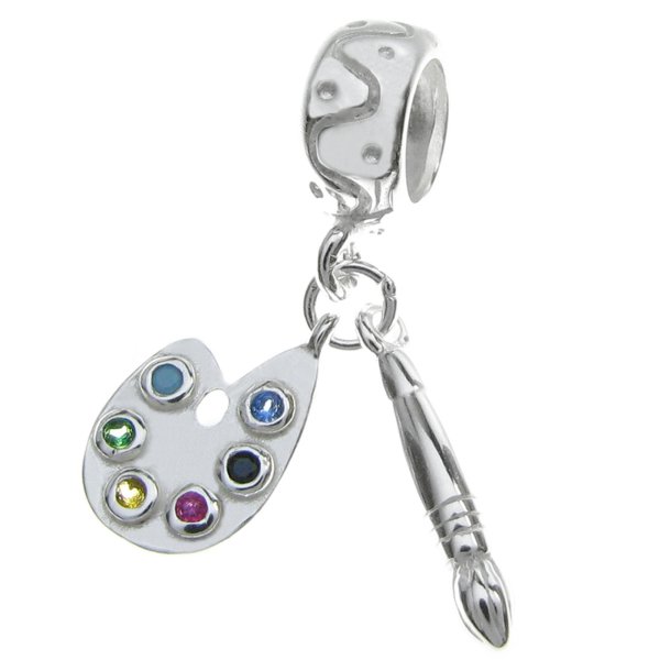 Sterling Silver Painter Drawing Art Brush Palette CZ Crystal Dangle Pendant Bead for European Charm Bracelets