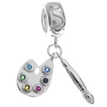 Sterling Silver Painter Drawing Art Brush Palette CZ Crystal Dangle Pendant Bead for European Charm Bracelets