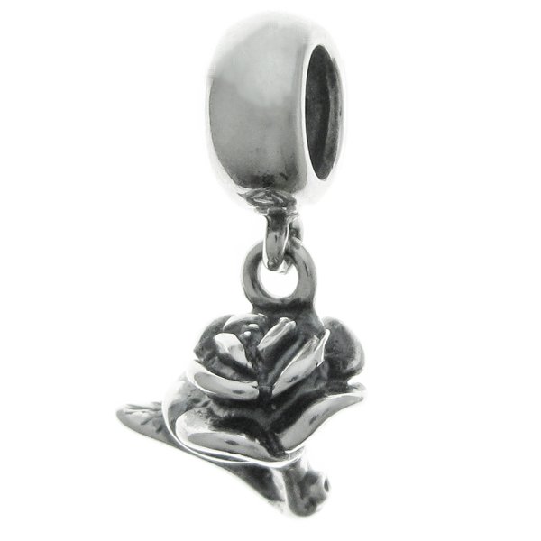 Antique 925 Sterling Silver Valentine Rose Flower Dangle Charm Bead Pendant for European Charm Bracelets