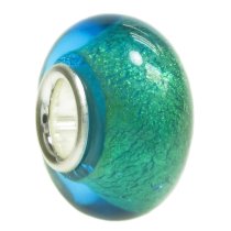 925 Sterling Silver Round Gold Tone Foil Beach Blue Glass European Style Bead Charm