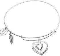 925 Sterling Silver Mother Daughter Forever Love Heart Leaf Dangle Charm Adjustable Wire Bangle Bracelet