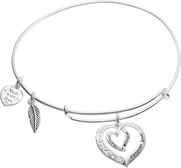 925 Sterling Silver Mother Daughter Forever Love Heart Leaf Dangle Charm Adjustable Wire Bangle Bracelet