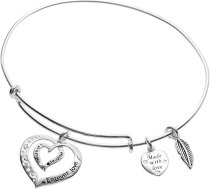 925 Sterling Silver Mother Daughter Forever Love Heart Leaf Dangle Charm Adjustable Wire Bangle Bracelet