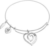 925 Sterling Silver Mother Daughter Forever Love Heart Leaf Dangle Charm Adjustable Wire Bangle Bracelet