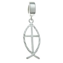Sterling Silver Christian Fish Faith Dangle Pendant Bead for European Charm Bracelet